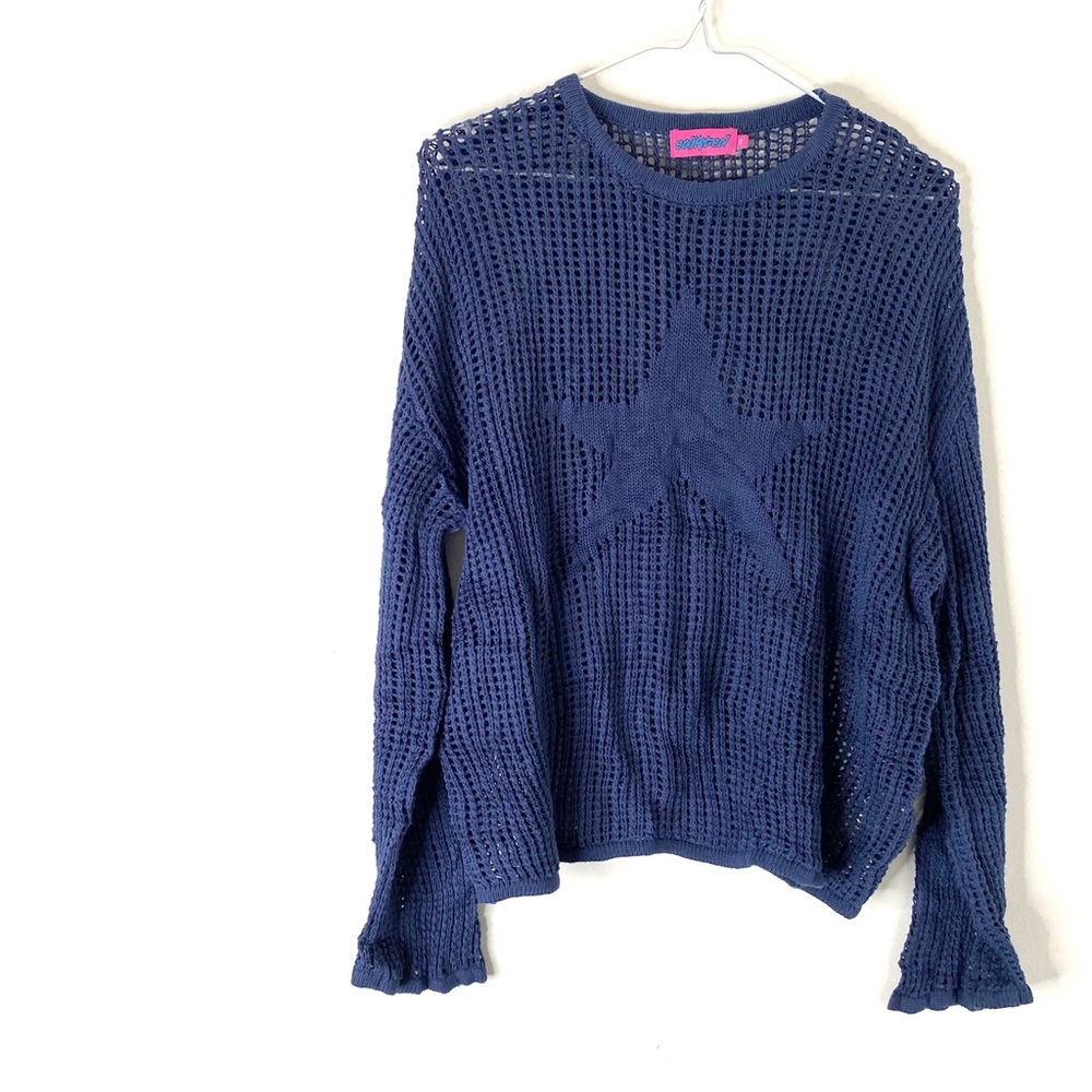 Edikted Sheer Loose Knit Star Sweater Oversized Scoop Neck Pullover Blue